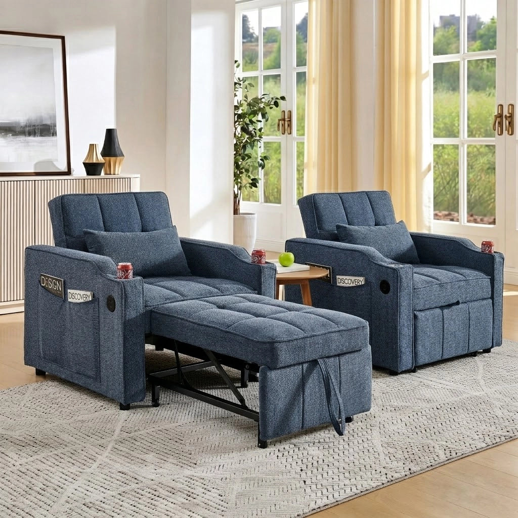 Poltrona letto 3 in 1 con USB e USB-C, schienale regolabile, portabicchieri e tasche laterali in tessuto blu navy