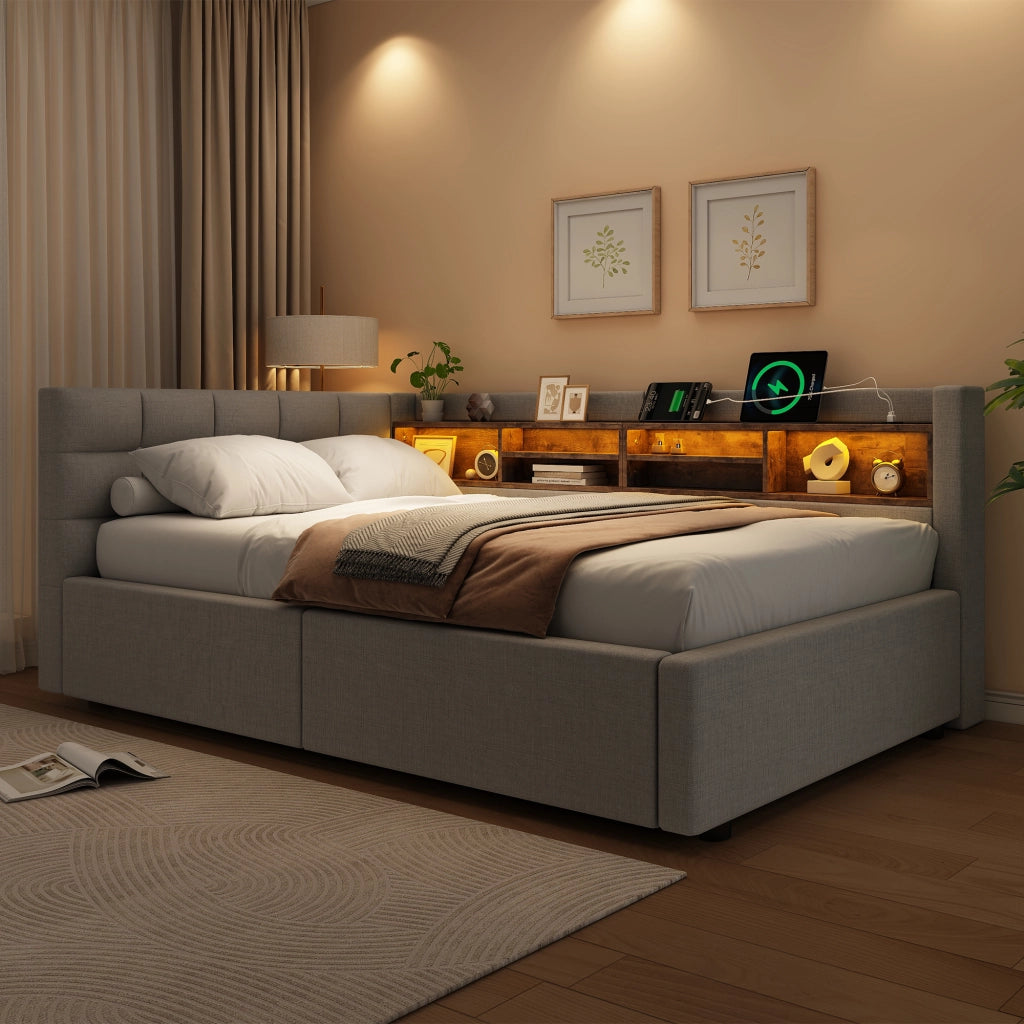 Letto contenitore 90x200 cm con LED dimmerabile; testiera con ripiano e prese USB; rivestimento in lino; grigio