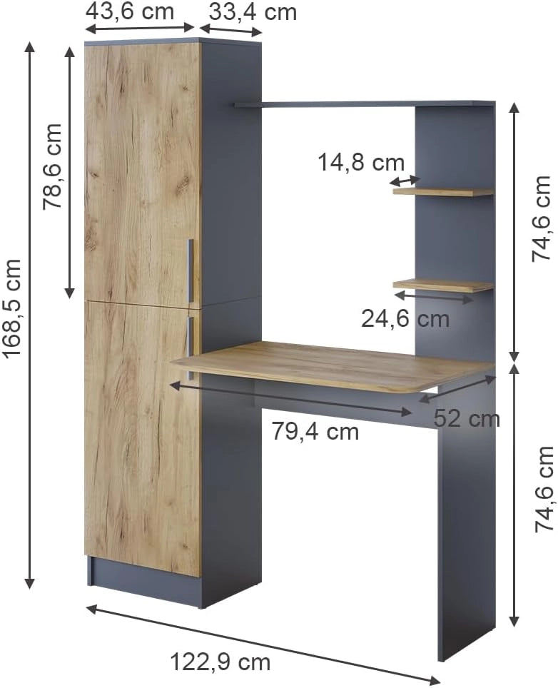 Scrivania Tessa, Antracite/quercia dorata, 122.9 x 52 cm, con ripiano per spazio di appoggio aggiuntivo