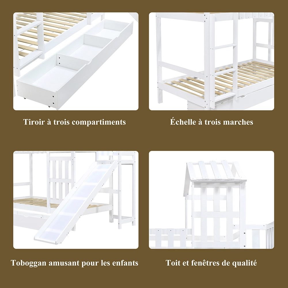 Letto a castello con scivolo - Xylo - 90x200cm bianco, tetto finestrato