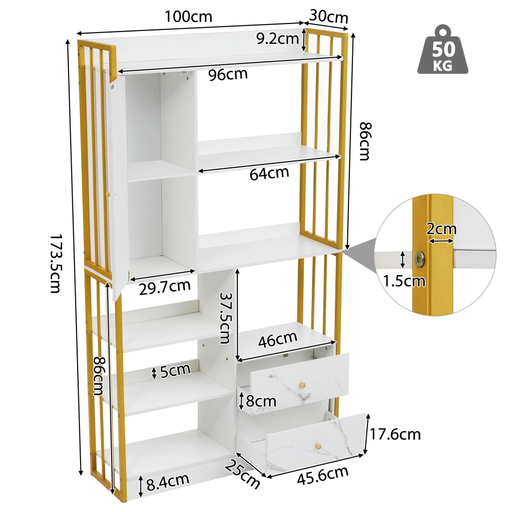 Libreria a 6 ripiani con ante e cassetti; 100 x 30 x 173;5 cm; truciolare bianco e oro