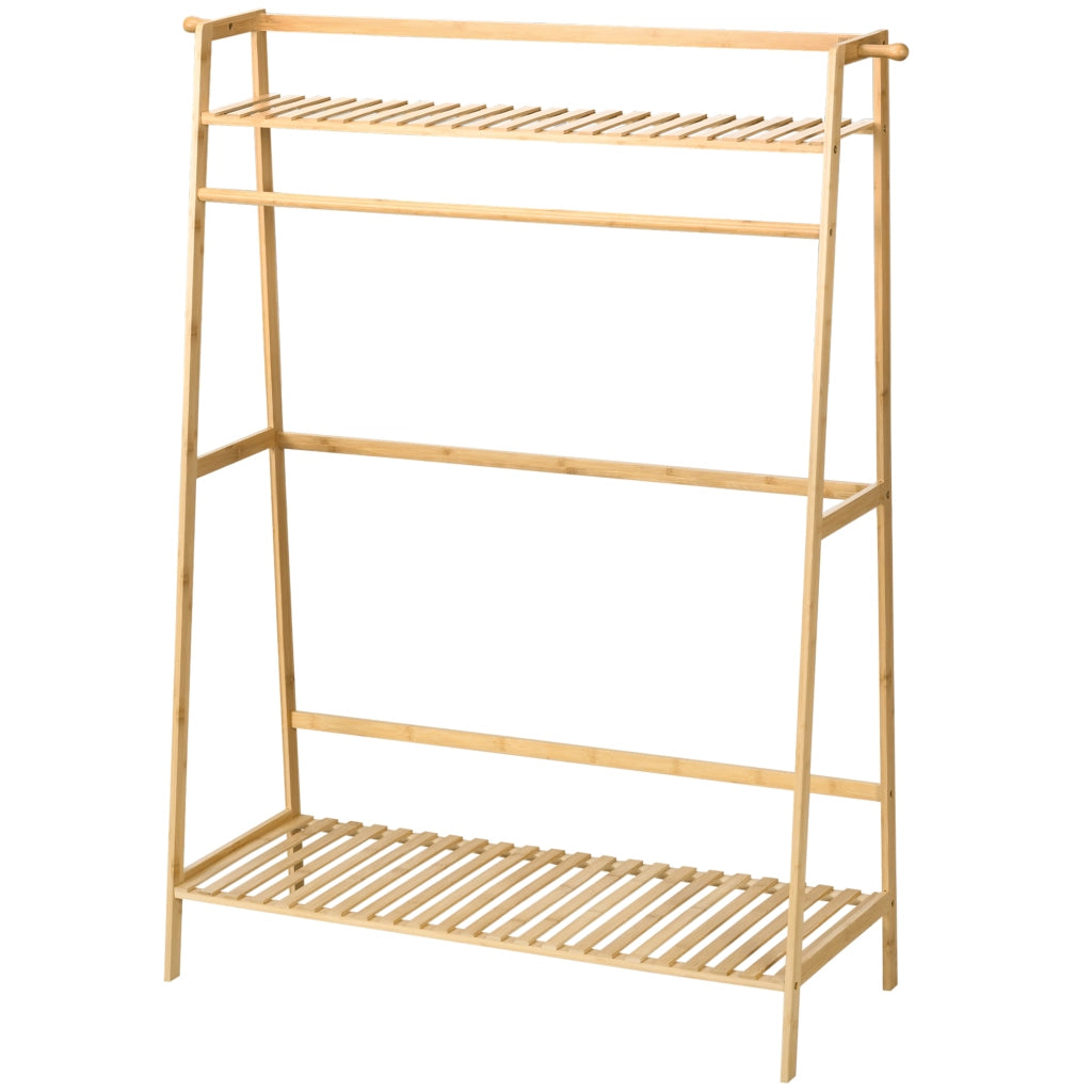 Appendiabiti a terra in bamb¨´ ¨C Xylo ¨C legno naturale con 2 ripiani e barra portaoggetti 114x40x139 cm