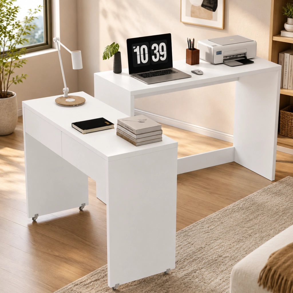 Scrivania pieghevole 110x40x78 cm 2-in-1 con ruote; truciolato bianco
