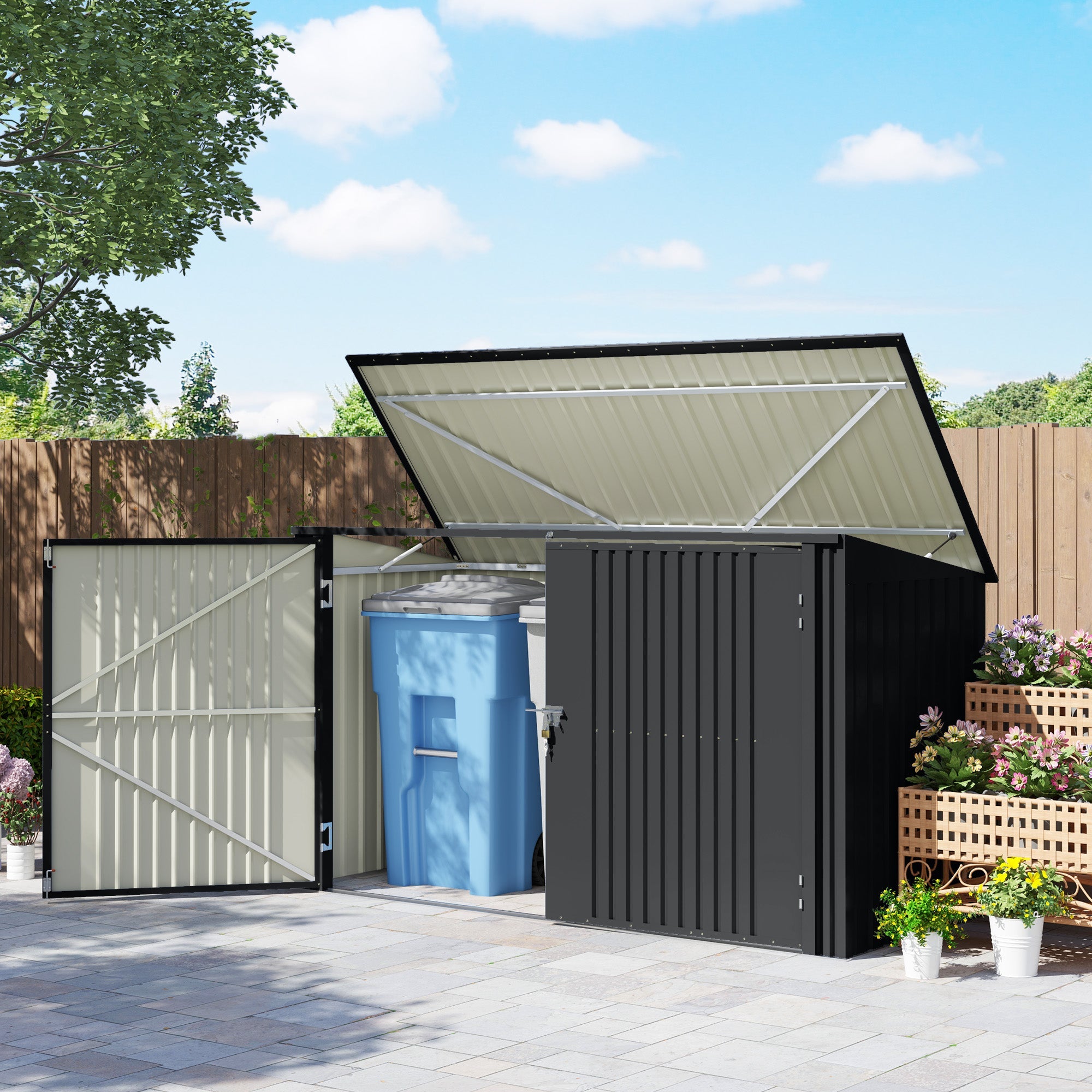 Copribidoni per 3 Cassonetti da 240L 233x105x118,5-133 cm con 2 Porte e Coperchio Grigio Scuro