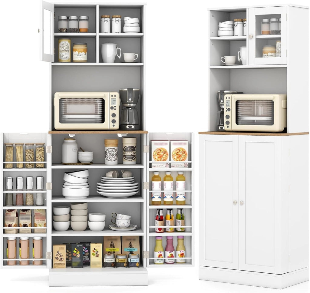 Credenza Alta da Cucina 170 cm con Ripiani Regolabili, Fori per Cavi, Porta in Vetro Temperato, Mobile Buffet per Soggiorno, Sala da Pranzo, 60 x 35 x 170 cm, Bianco