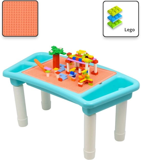Tavolo per bambini Tavolo di costruzione - Tavolo di gioco con pannelli di costruzione (Per blocchi Lego) e lato piano - 3 Cavi - Con 303 Elementi di costruzione