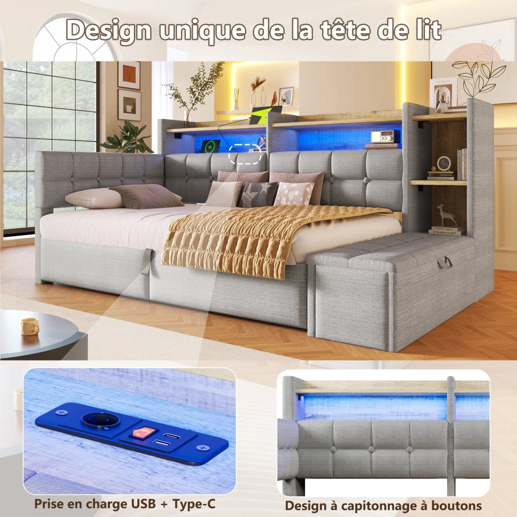 Letto da giorno 90x200 cm in velluto con accumulo idraulico LED e USB-C - Grey