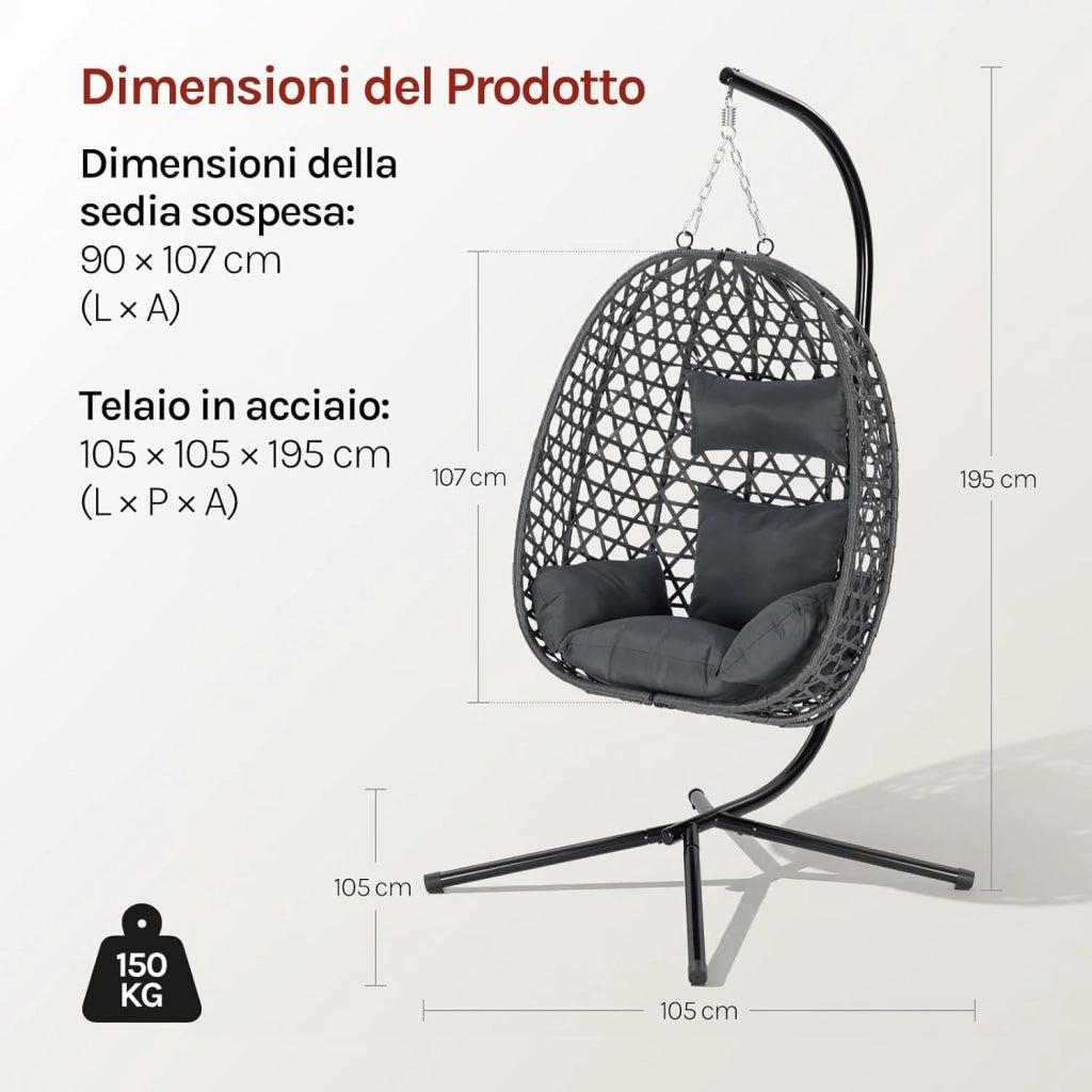 Poltrona Sospesa a Uovo, Sedia Sospesa con Supporto in Metallo, Cuscino e Poggiatesta, Altezza Regolabile, in Rattan PE, per Giardino, Terrazza, 102x100x196 cm, Grigio