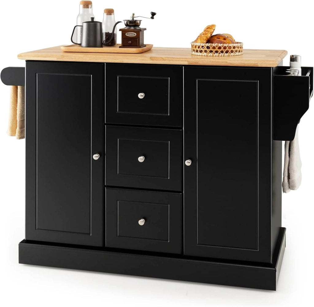 Carrello da Cucina in Legno di Quercia con 2 Armadi e 3 Cassetti, Credenza con 5 Rotelle e Cerniere in Metallo, Isola da Cucina per Soggiorno e Sala da Pranzo (Bianco)