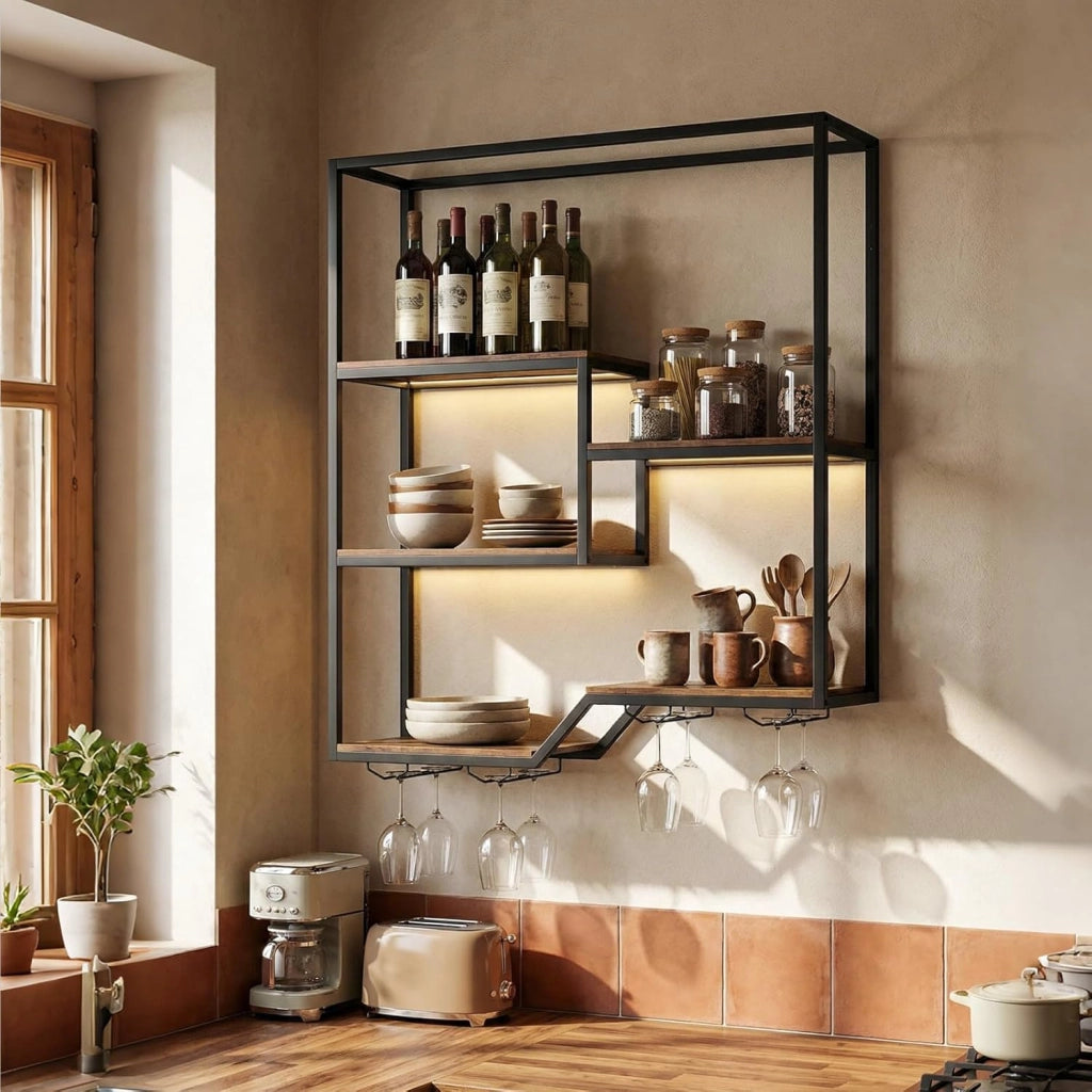 Portabottiglie da Parete, Portabottiglie di Vino Industriale in Metallo e Legno con 6 Mensole a Doppio Lato, Espositore Cantinetta Sospeso per Bar, Cucina e Ristorante, 102 x 30 x 112 cm