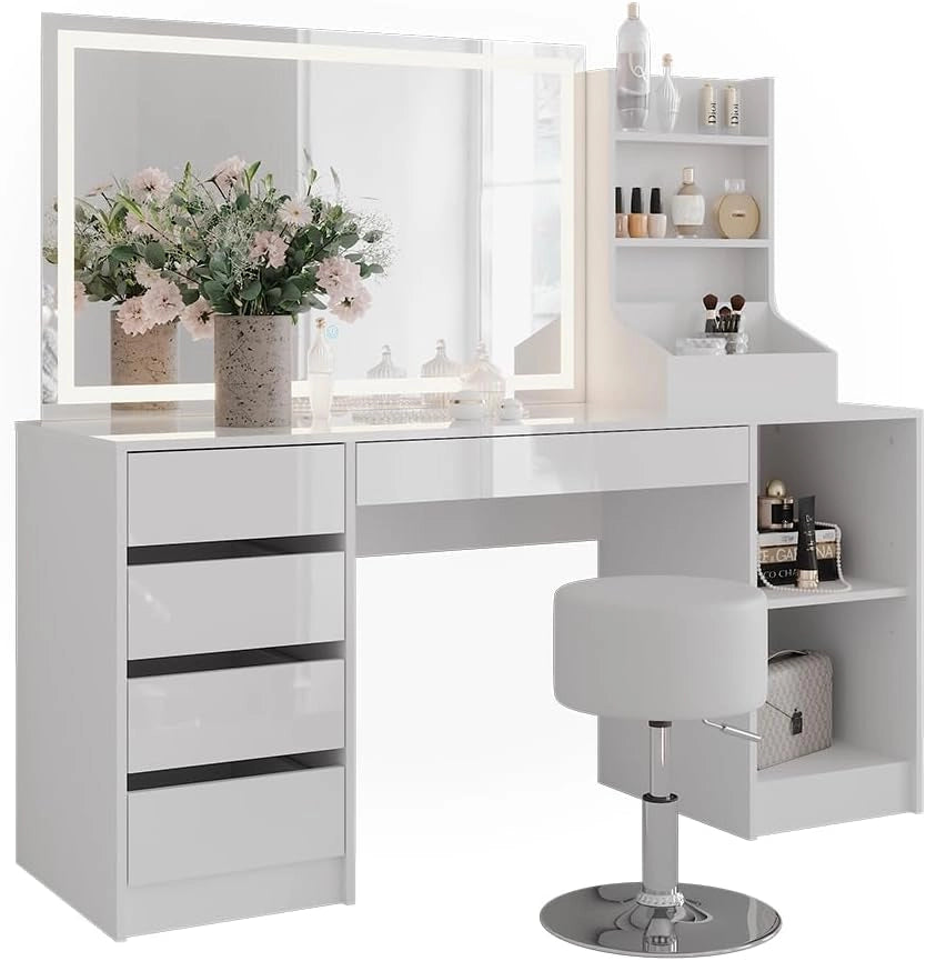 Tavolo da toeletta Sherry, Bianco/bianco lucido, 158.2 cm 4 parti, con illuminazione LED e sgabello imbottito