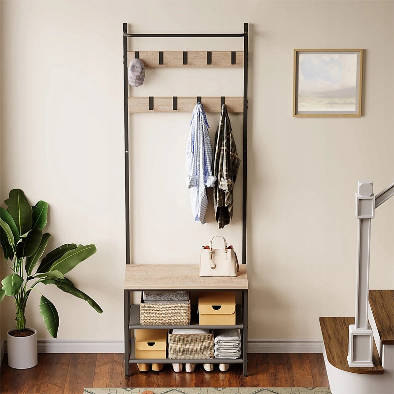 Appendiabiti da terra in stile loft con ripiani per scarpe, marrone chiaro, 178 x 64 x 32 cm