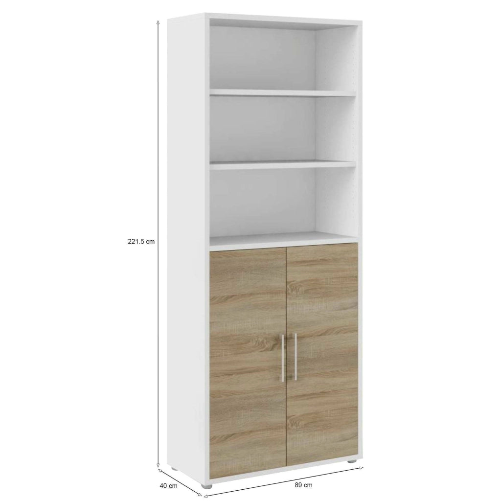 Credenza Valsesia, Buffet da soggiorno, Madia da salotto, Dispensa da cucina, 89x40 h222 cm, Bianco e Quercia