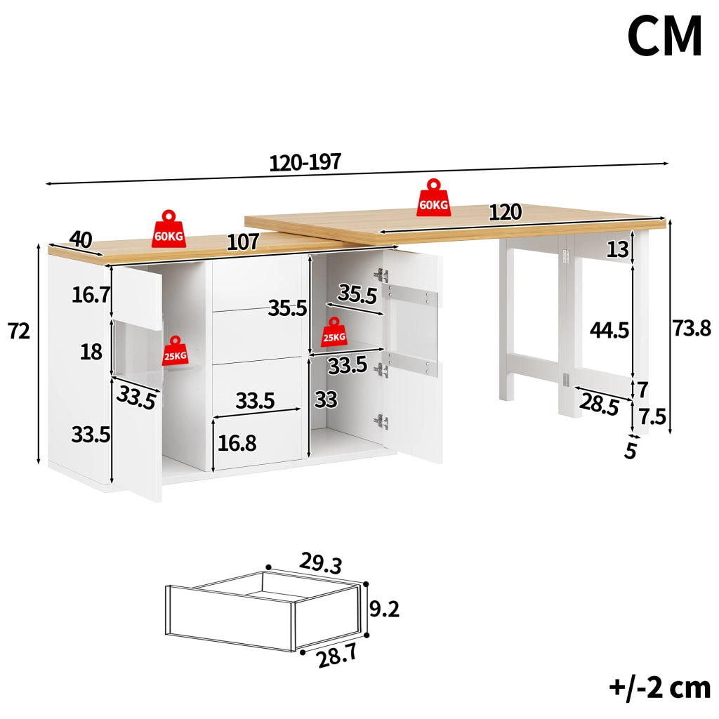 Isola cucina girevole 120-197 cm con LED RGB, 4 cassetti e ante in vetro, bianco