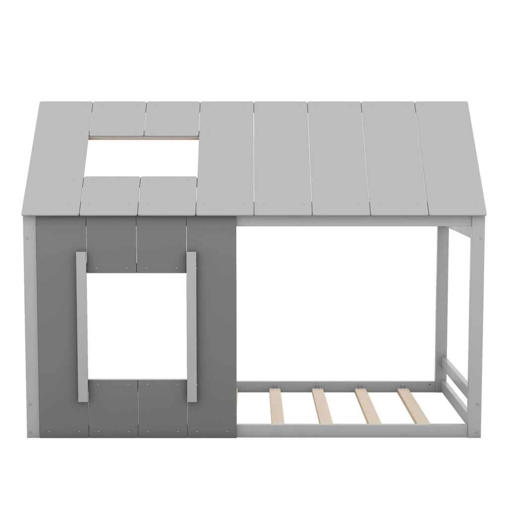 Letto a forma di casa grigio scuro e chiaro in pino 90x200 cm con tetto e finestra