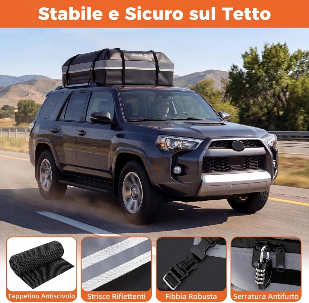 Borsa da Tetto per Auto, Box Portapacchi con Impermeabile e Alta Adattabilità, Baule con Tappetino Antiscivolo, Striscie Riflettenti, Lucchetto e 8 Corde di Fissaggio (450 L,Grigio)