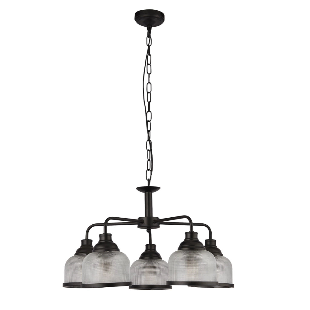 Lampadario Contemporaneo Highworth Acciaio Nero Vetro Trasparente 5 Luci E27
