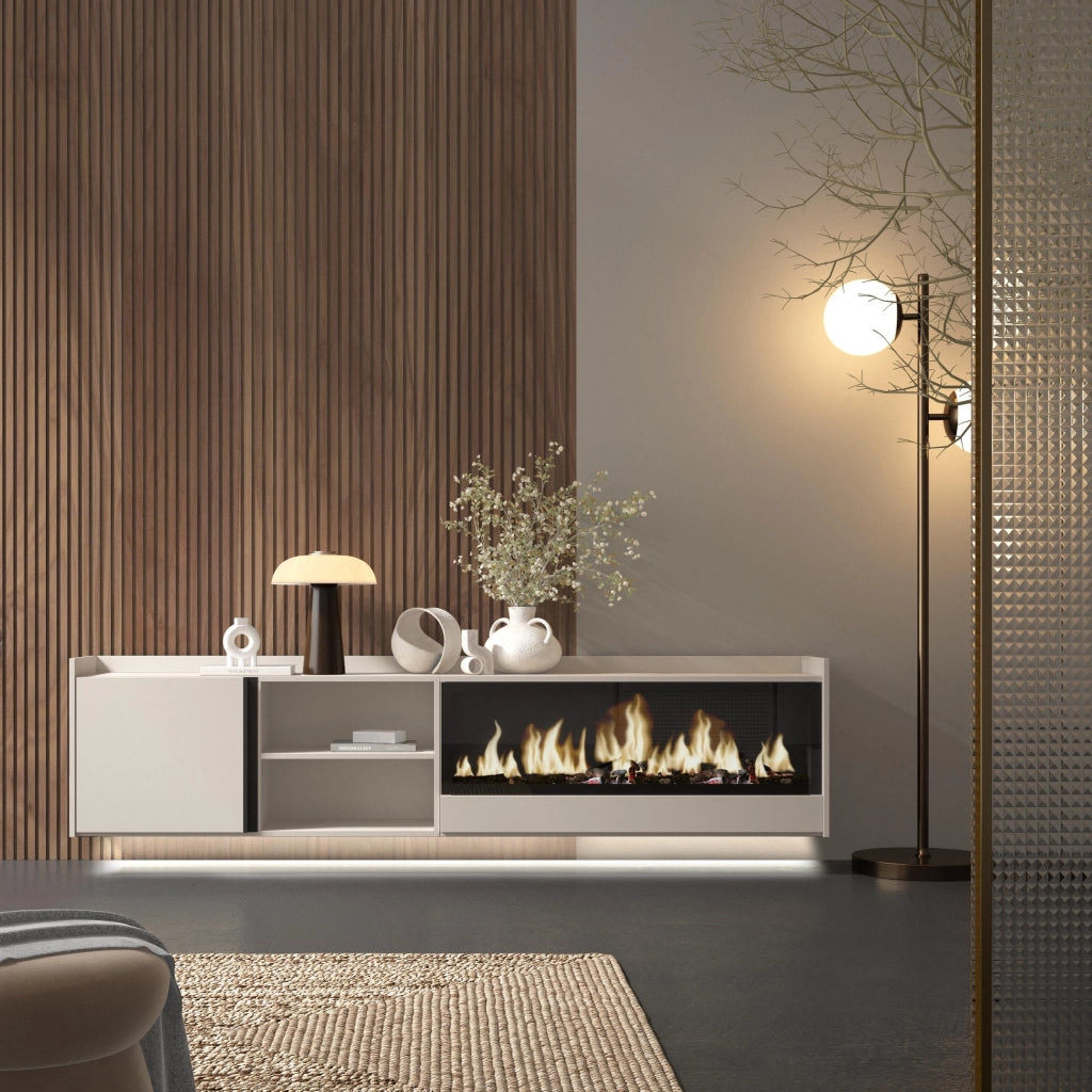 Mobile TV Soggiorno, 212x50x35 cm, Per TV fino a 80", Camino elettrico XXL, Sospeso, da appendere, LED, Beige