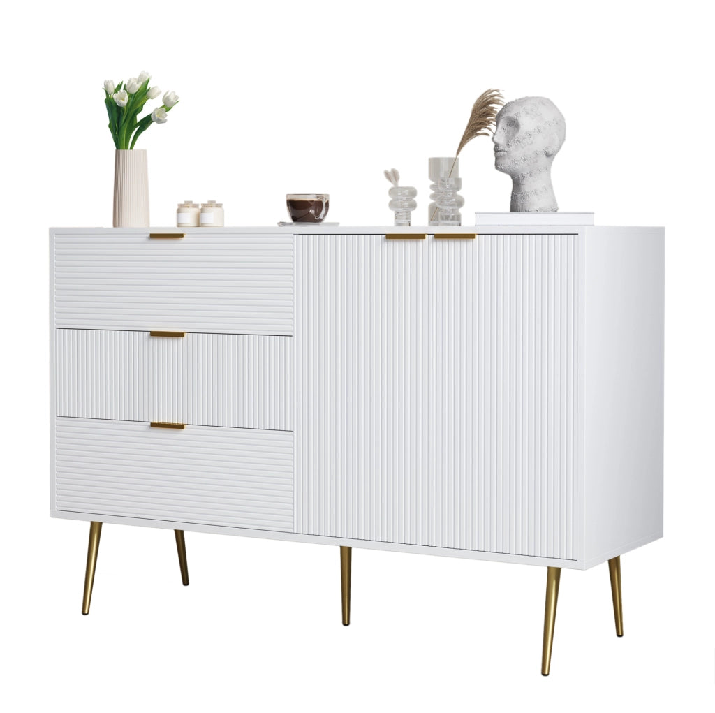 Credenza bianca e oro in MDF con 3 cassetti e 2 ante