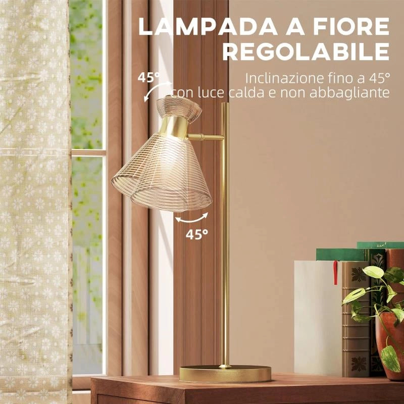 LAMPADA DA TAVOLO MODERNA CON PARALUME IN VETRO REGOLABILE AMBRATO E SATINATO, ATTACCO E27, ORO