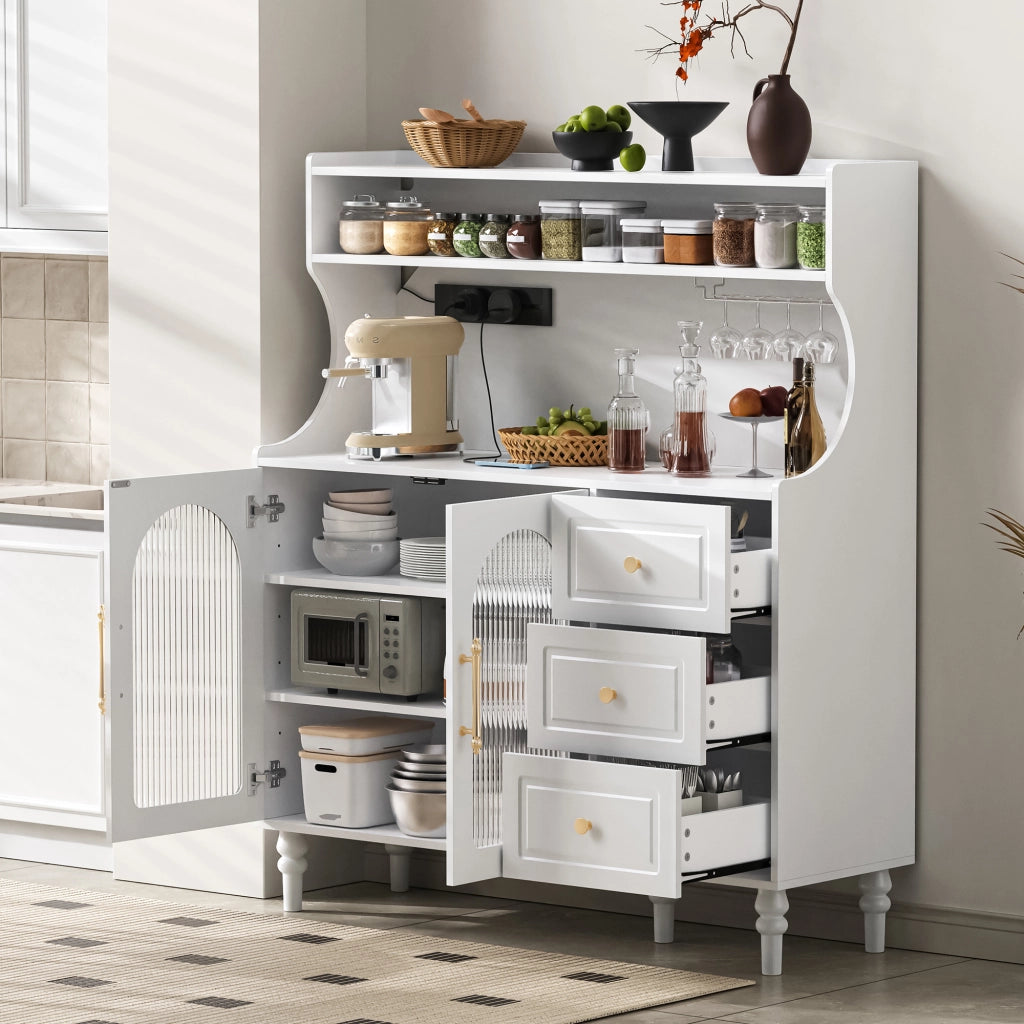 Mobile Bar con 3 Cassetti; Ripiani Regolabili; Portabicchieri e Presa USB Tipo C per Cucina 120x40x138.5 cm