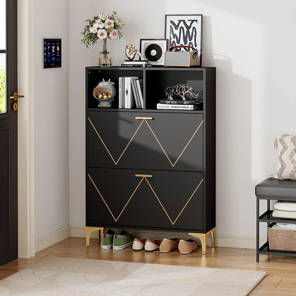 Armadio porta scarpe 2 ante 80x25x117 cm - Xylo - 4 scomparti, 2 ripiani aperti, piedi rialzati, MDF e metallo