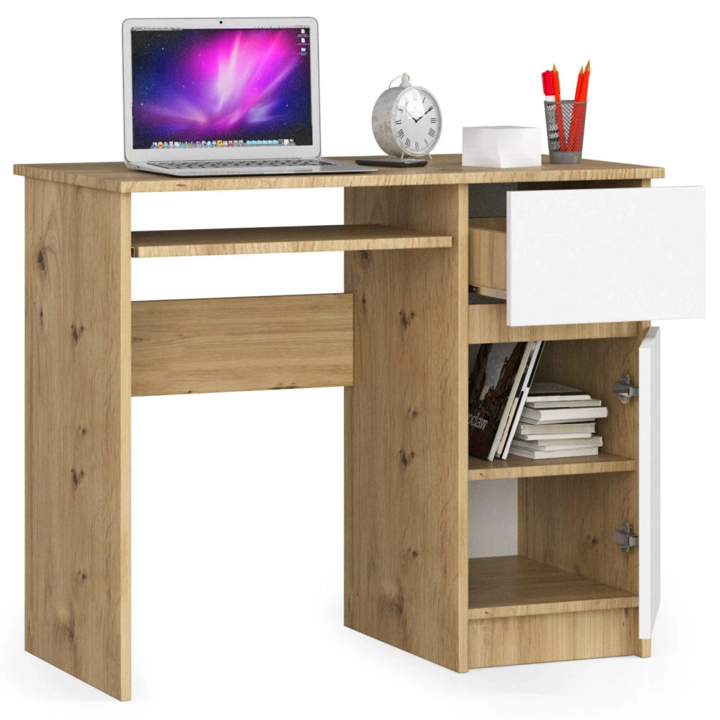 Scrivania per computer AKORD PIKSEL Quercia Artisan 90 cm 1 anta 1 cassetto inserto frontale Bianco 90x50x77 cm Modello a destra