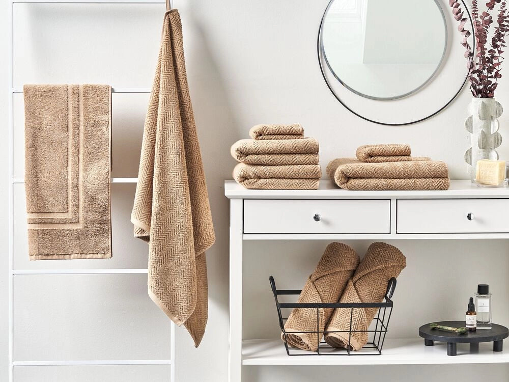 Set di 9 asciugamani in morbido cotone beige con motivo a spina di pesce stile varie dimensioni classico ospiti bagno