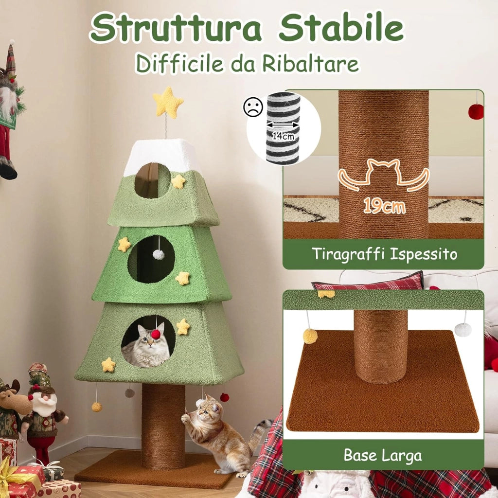 Albero per Gatti da Interno, Tiragraffi per Gatti Alto 162 cm con 3 Condo, Palo Tiragraffi in Sisal e Palline Pendenti, Mobile per Arrampicata per Decorazione Festiva