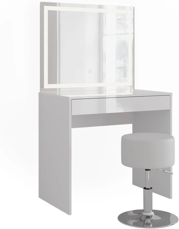 Tavolo da toeletta Sherry, Bianco/bianco lucido, 81.4 cm con specchio LED e sgabello