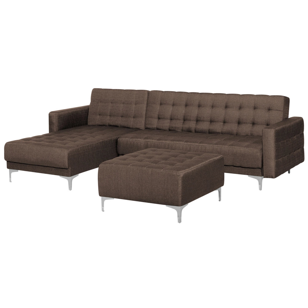 Divano letto angolare in tessuto capitonné marrone moderno a L componibile a 4 posti con ottomana chaise longue versione destra