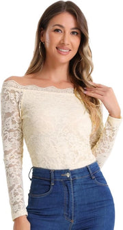 Blusa con maniche corte e lunghe maniche con spalla a sbieco - Disegno floreale - Top trasparente - Beige - XS - Abbigliamento donna