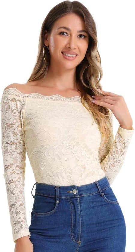 Blusa con maniche corte e lunghe maniche con spalla a sbieco - Disegno floreale - Top trasparente - Beige - XS - Abbigliamento donna