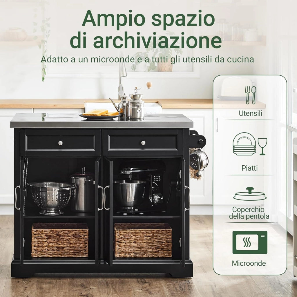 isola cucina con ruote carrello da cucina con piano di lavoro pieghevole mobile cucina con ruote penisola cucina piano lavoro Nero 107x92x(46-71) cm FKW71-II-SCH