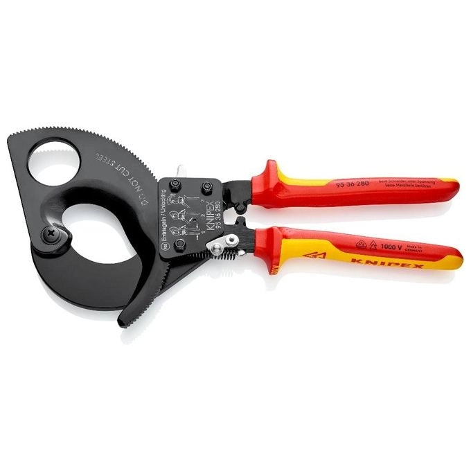 KNIPEX 95 36 280 Cesoia a Cremagliera per Cavi in Rame e Alluminio fino a 380 mm² e 52 mm Ø con Sistema a Cricchetto VDE colore Nero
