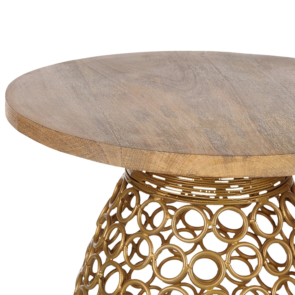 Tavolino in legno di mango chiaro e dorato 30 cm base rotonda soggiorno camera da letto