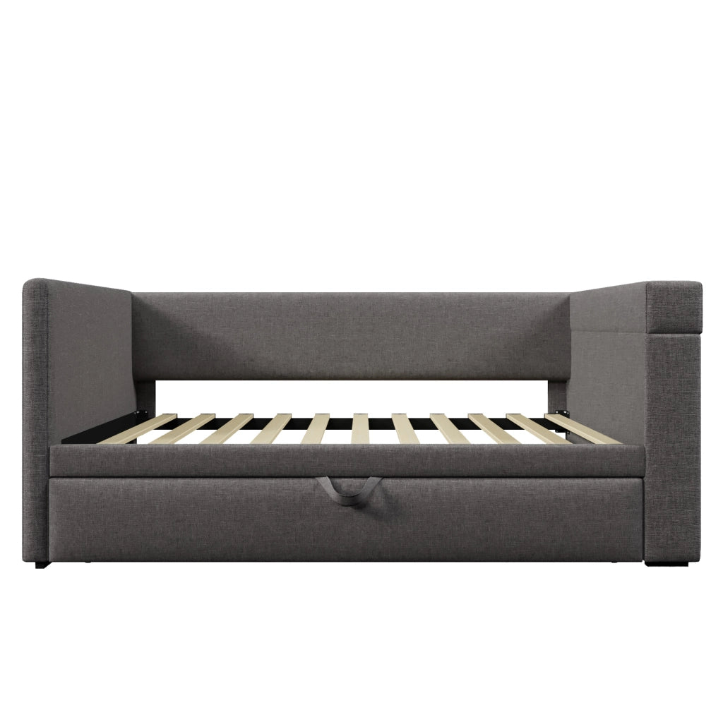 Divano letto 90x190 cm con letto estraibile e stazione di ricarica in cotone e lino grigio