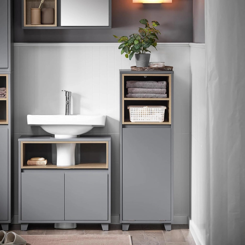 Mobile Bagno con Sacco Portabiancheria a Ribalta – Mobiletto Bagno Stretto con 2 Ripiani, Cesto Portabiancheria – Cesta per la Biancheria per Lavanderia, Grigio Scuro, 35x105x30cm BZR146-DG