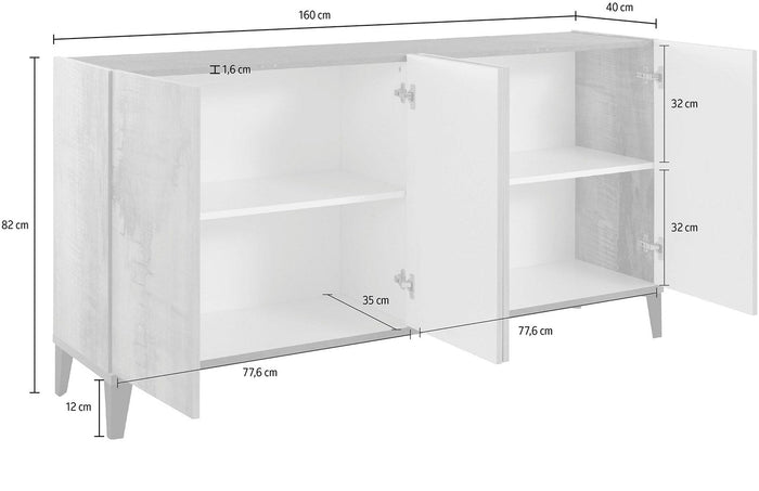 Credenza 4 Ante 160x40x82 cm Sunrise Bianco Lucido e Acero Pereira
