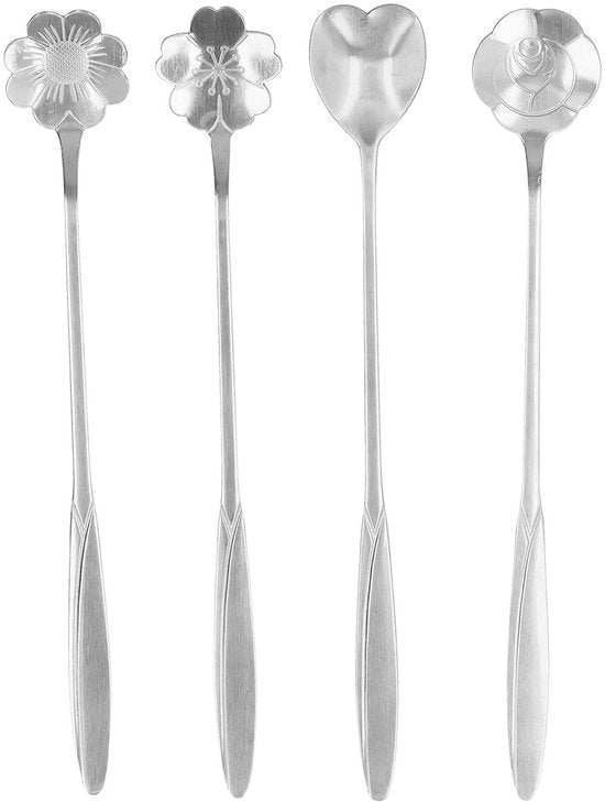 Set di Cucchiai per Caffè 4 pezzi - Acciaio Inossidabile - 18 cm - Manico Ergonomico - Disegno a Fiore - Adatto per Caffè/Dolci - Cucchiai da Tè
