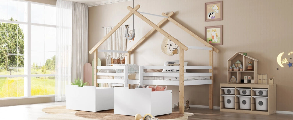 Letto a casa per bambini bianco e naturale in legno massello e MDF con funzione contenitore 90x200 cm