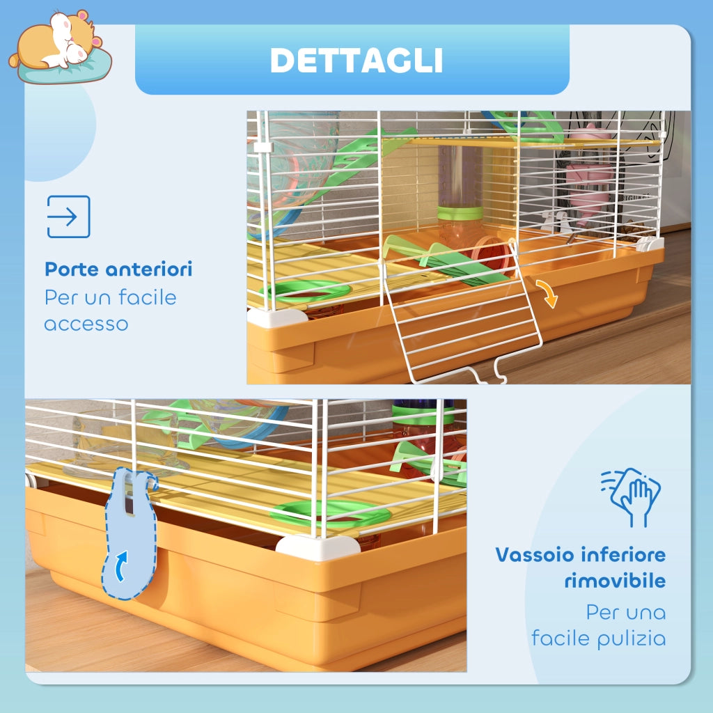 Gabbia per Criceti a 5 Livelli 46x30x58 cm con Tubi Ruota Scale Casetta e Bottiglia in Metallo e PP Arancione
