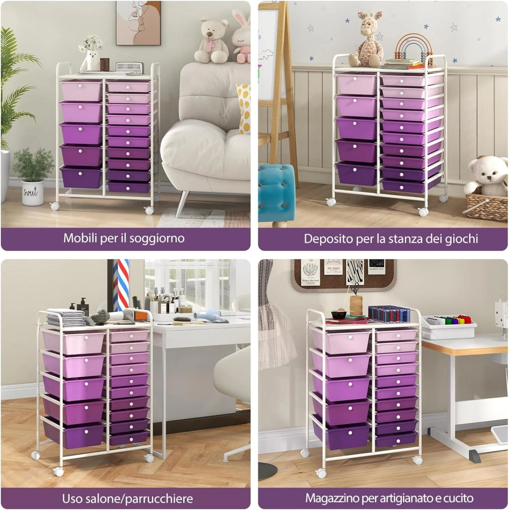 Carrello con 15 Cassetti Impilabili, Carrello di Stoccaggio con Ruote, Carello Portaoggetti per Casa e Ufficio, 62,5 x 37 x 87 cm (Viola)