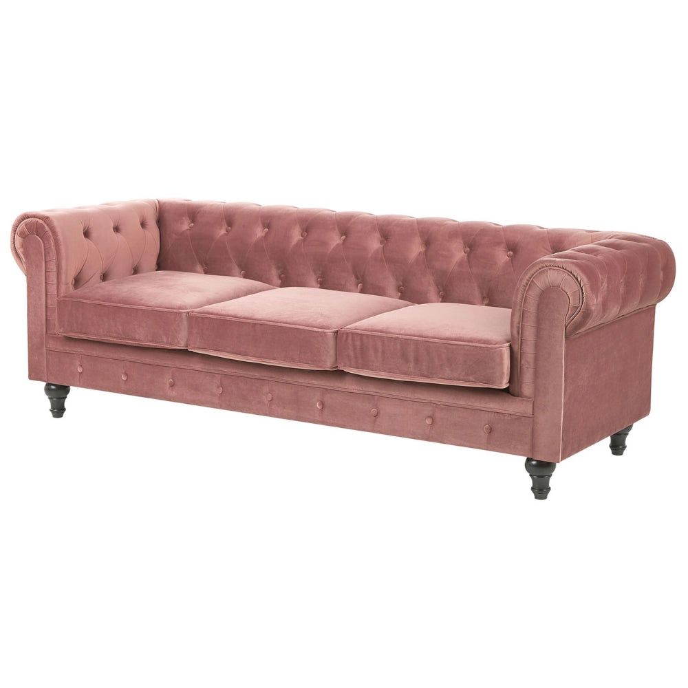 Divano Chesterfield Tessuto Velluto Rosa Rivestimento Gambe Nere 3 Posti