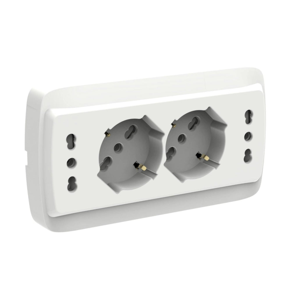 Multipresa Da Incasso Scatola 503 Bianco Opaco, 2 Prese Schuko Universale P40 + 2 Prese Bipasso Italiano 10/16A, 140X80X23mm