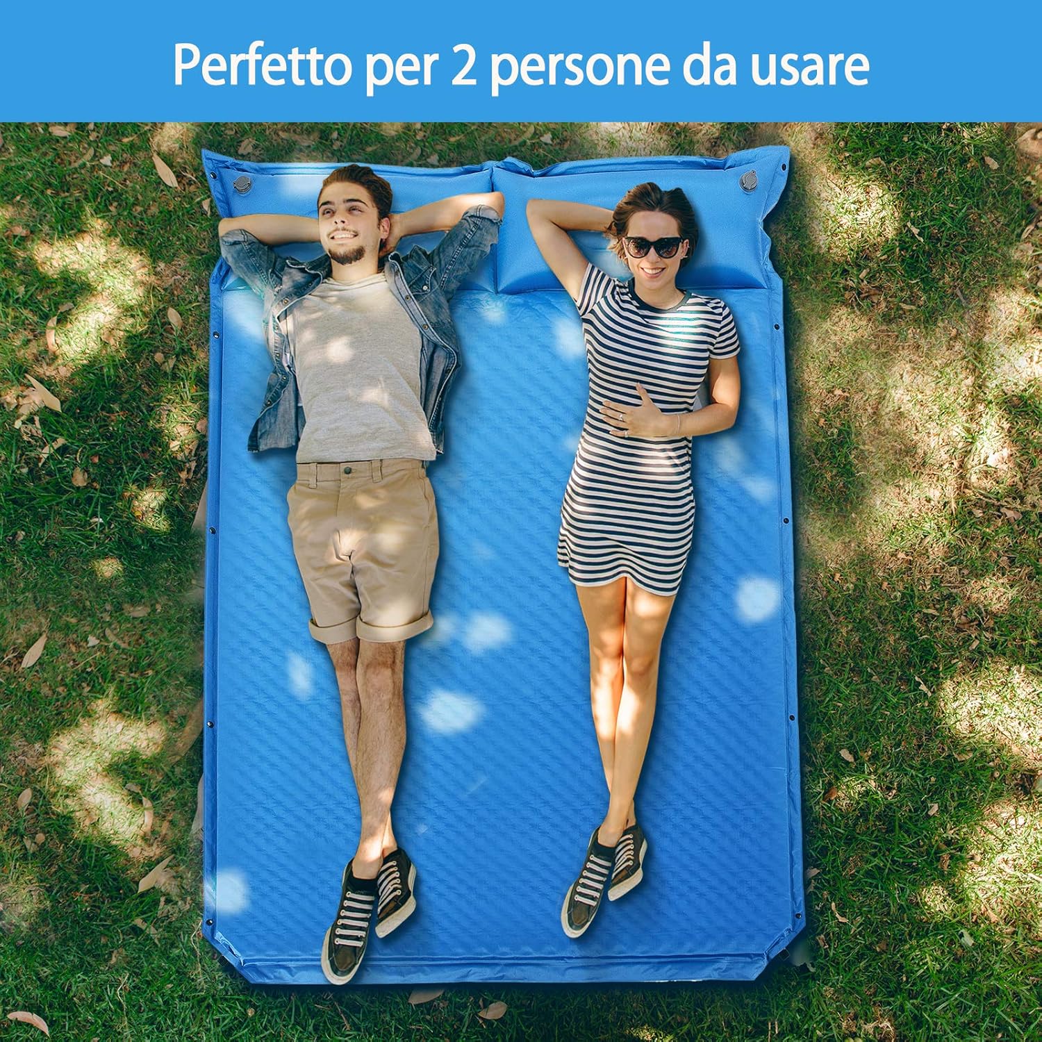 Materassino Campeggio Autogonfiabile per 2 Persone, Materassino da Campeggio Doppio con Cuscino, Veloce da Gonfiare e Sgonfiare, Impermeabile, per Spiaggia, Montagna e Campeggio (Blu)