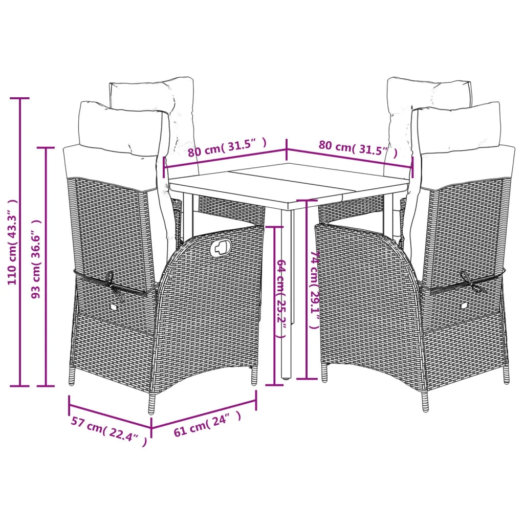 Set da Pranzo da Giardino 5 pz con Cuscini Beige in Polyrattan