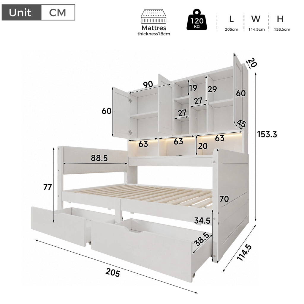 Letto singolo 90x200 cm con contenitore; LED; prese USB e testiera in PU bianco