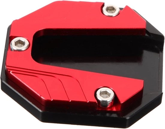 Supporto antiscivolo estensibile per staffe di motociclette e biciclette con piatti di estensione per installazione facile e accessori rossi per maggiore stabilità su superfici morbide.