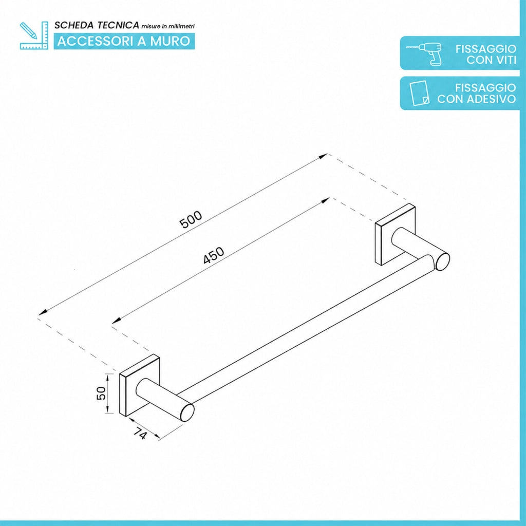 Set accessori bagno 3 pezzi con porta asciugamani 45 cm acciaio inox bianco Sidera